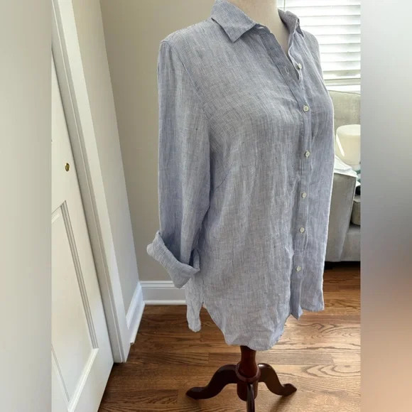 J.Mclaughlin Britt Button Front Collared 100% Linen Shirt - Light blue stripe - Picture 5 of 8